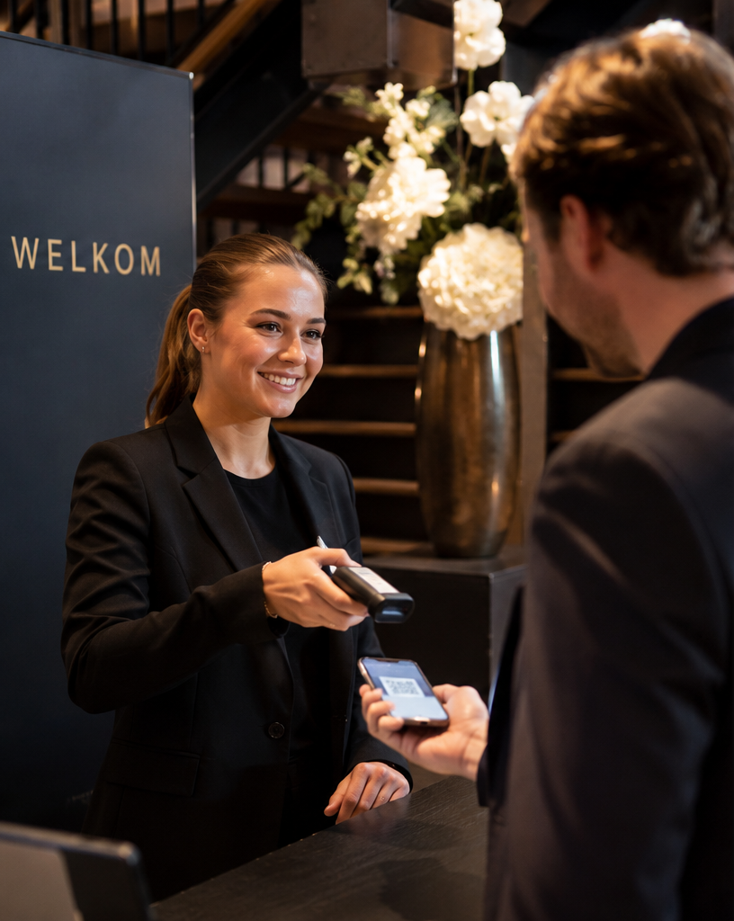 Gastvrouw verwelkomt gasten bij evenement